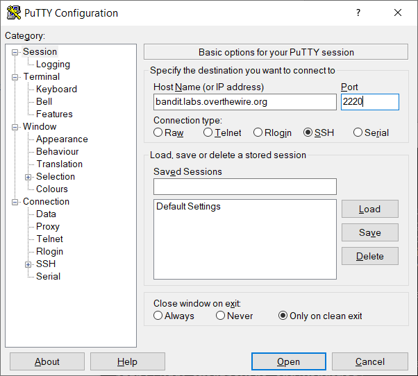 Interface de PuTTY avec les informations de connexion inscrites.